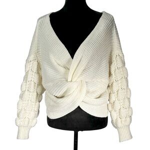 Cream Knit Twist Sweater Crop Top Chunky Knit Balloon Sleeve Shrug Off Shoulder